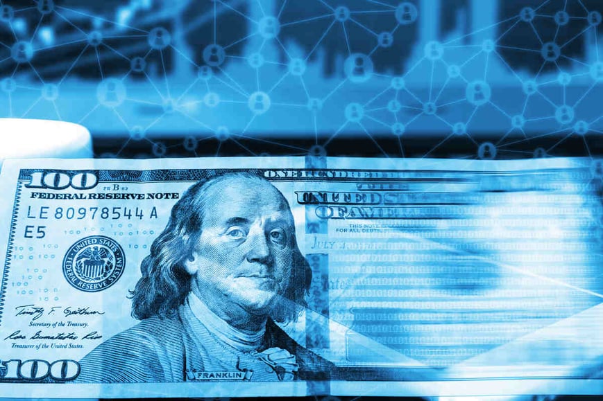 A hundred dollar bill floats in front of a depiction of the pharmacy network.