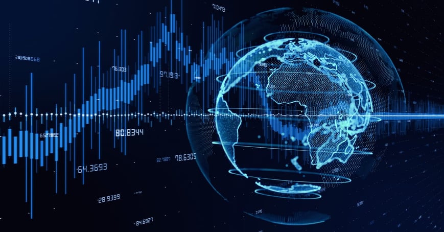 A digitized earth over a background of pharmaceutical financial data indicating market volatility.